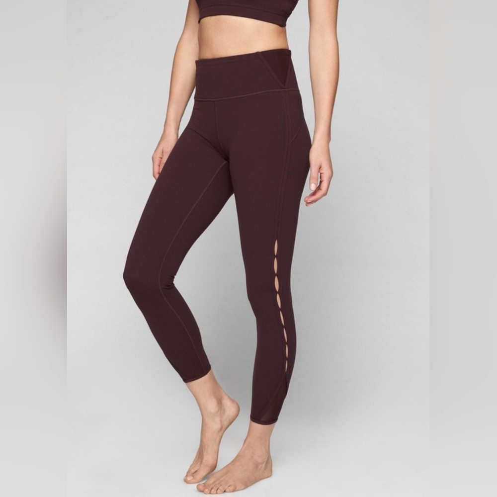 Athleta High Rise Peekaboo 7/8 Tight Legging Sz S Cassis / Dark Red Mesh 25"